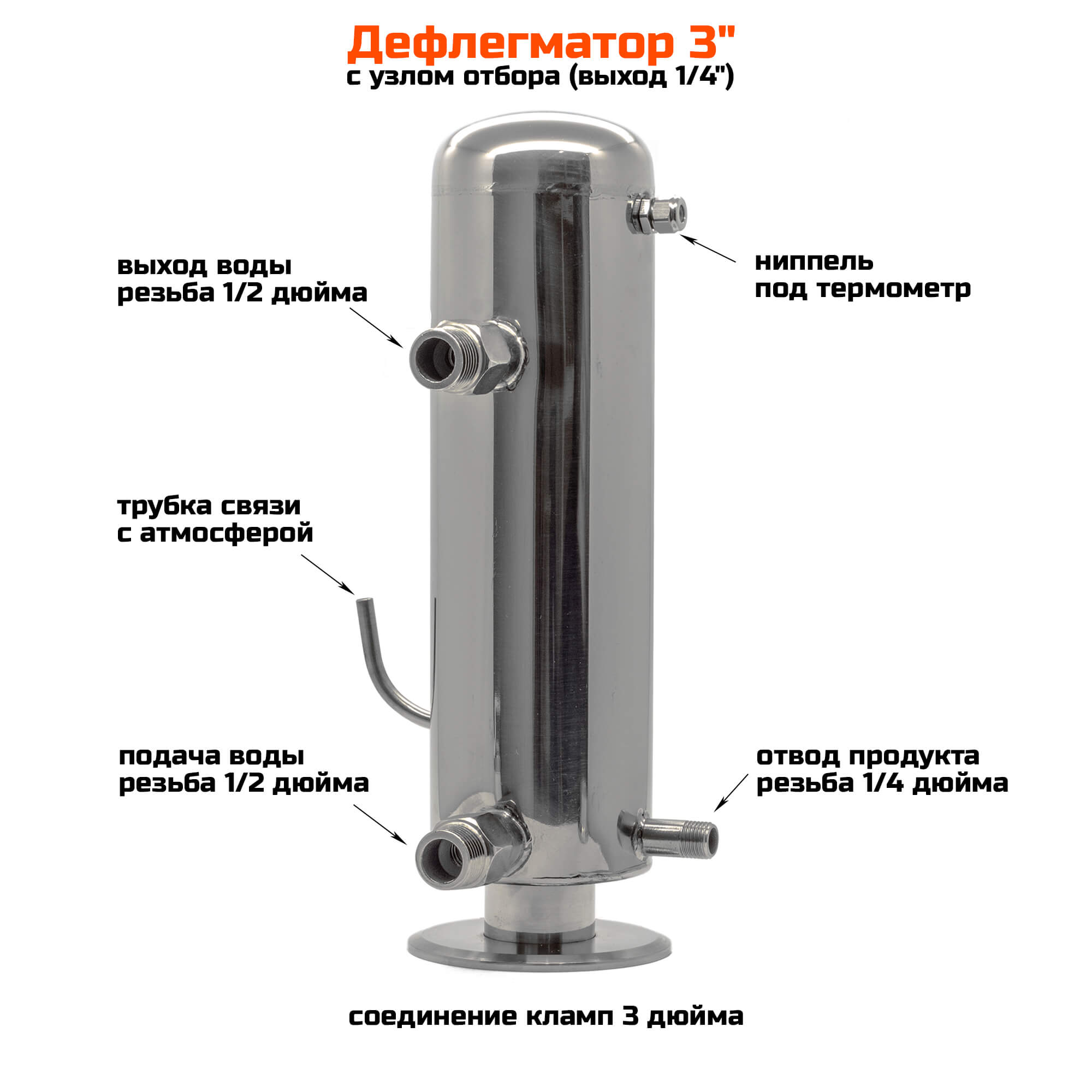Дефлегматор 3 дюйма с узлом отбора выход резьба 1/4 дюйма